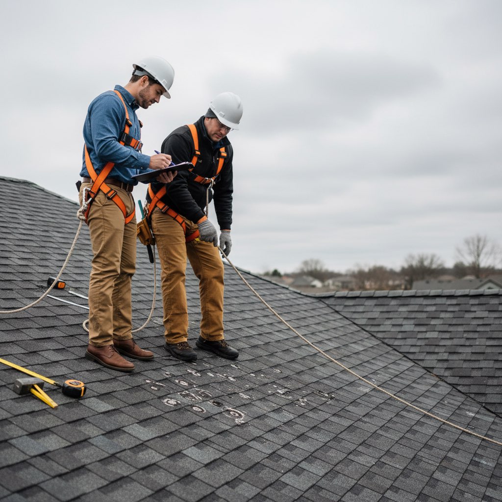 Insurance adjuster and roofer reviewing roof damage claim in Tampa, FL