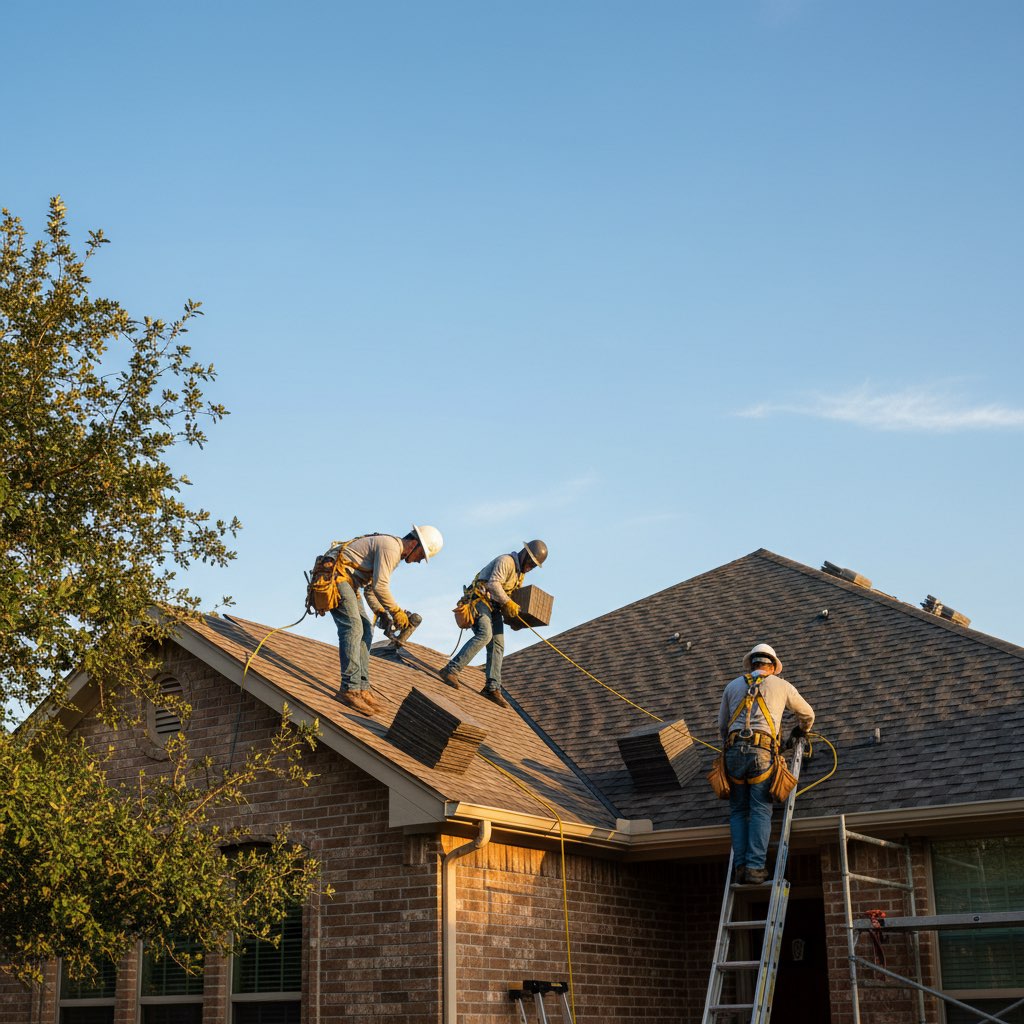 Professional roof repair crew fixing leak damage in Tampa, FL