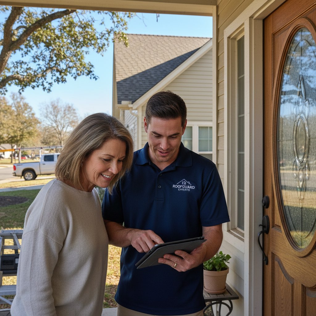 Roofing contractor giving free estimate to homeowner in Tampa, FL