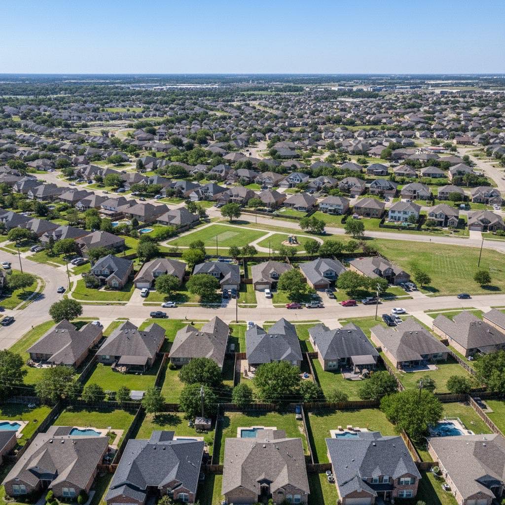 Aerial view of Tampa, Florida residential neighborhood with rooftops